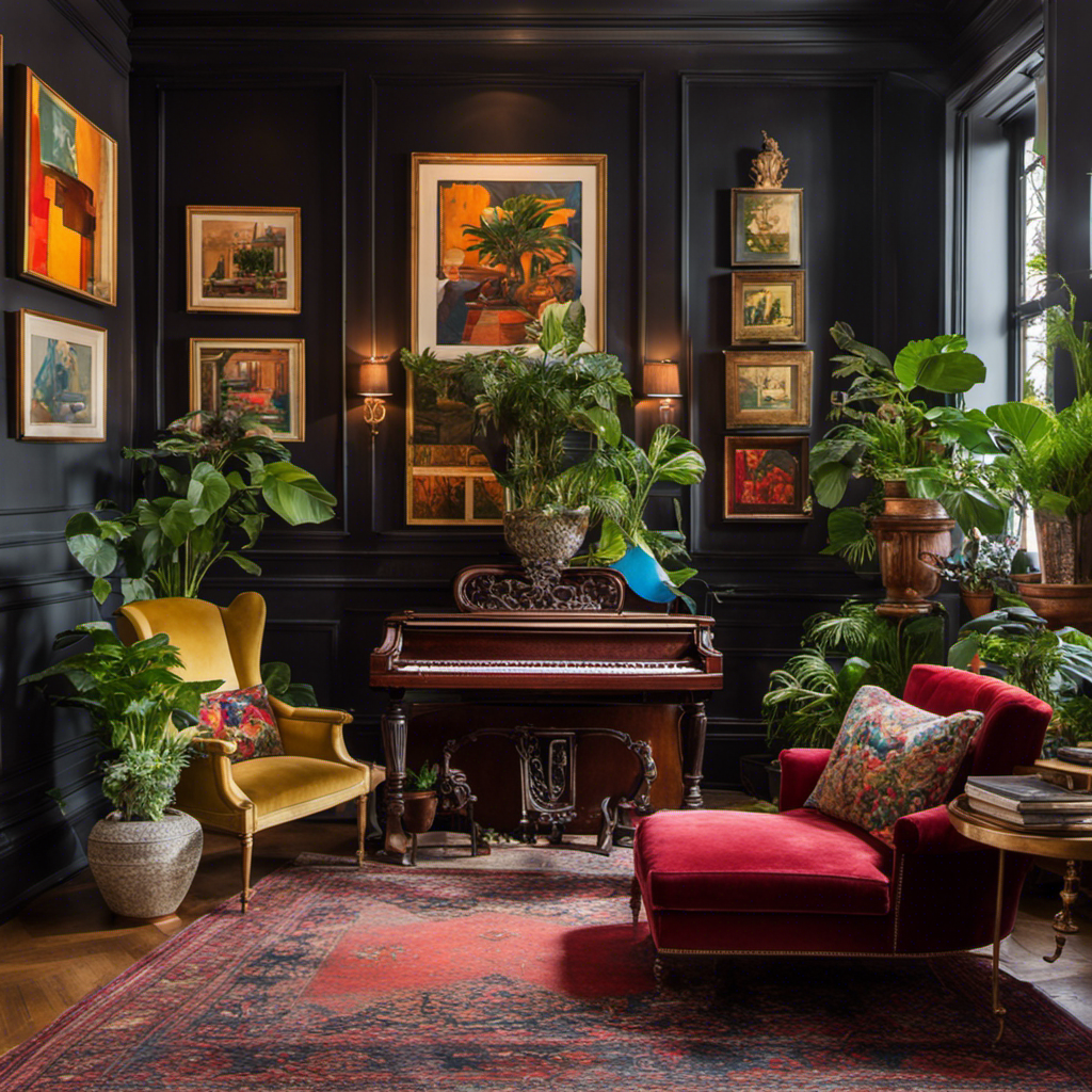 an inviting living room adorned with plush velvet furniture, an antique gramophone atop a sleek wooden cabinet, vibrant abstract paintings adorning the walls, and an array of potted plants, showcasing a person's love for eclectic elegance and appreciation for artistic expression