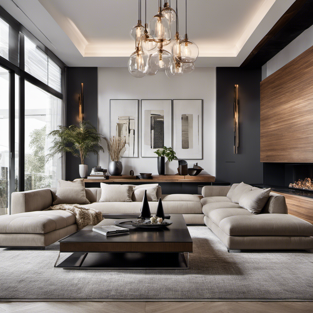 An image showcasing a sleek, minimalist living room with clean lines, neutral colors, and a mix of materials like glass, metal, and wood