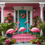 An image showcasing a vibrant porch adorned with whimsical pink flamingo decor