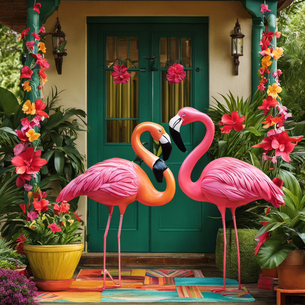 An image showcasing a vibrant, tropical porch adorned with flamboyant flamingo decor - from playful statues and colorful wind chimes to whimsical wall hangings and blooming potted plants