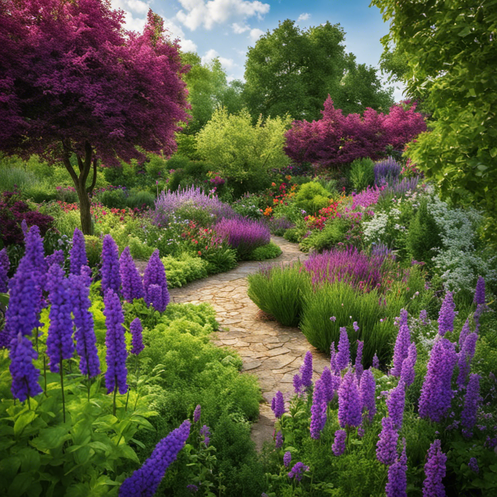 An image capturing a vibrant, flourishing herb garden, with tall, untamed purple plants contrasting against the surrounding greenery