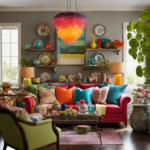 An image showcasing a cozy living room adorned with vibrant, mismatched patterned throw pillows, a whimsical chandelier crafted from colorful glass bottles, and a playful collection of vintage teacups displayed on a whimsical floating shelf