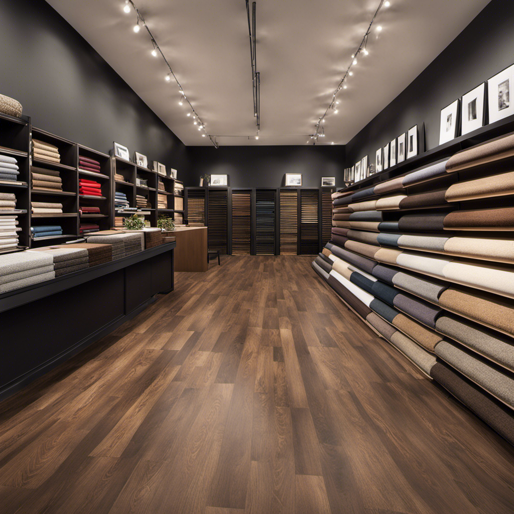 An image showcasing the vast array of flooring options at Floor and Decor: elegant hardwood planks, sleek porcelain tiles, vibrant carpets, and durable laminate surfaces, all neatly displayed in a well-lit showroom