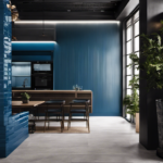 An image showcasing a modern interior with sleek blue subway tiles adorning the walls