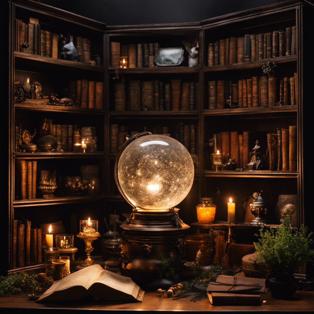 An image showcasing a mystical corner adorned with an antique crystal ball resting on a velvet cushion, surrounded by shelves filled with spell books, dried herbs in glass jars, flickering candles, and a black cat perched on a broomstick
