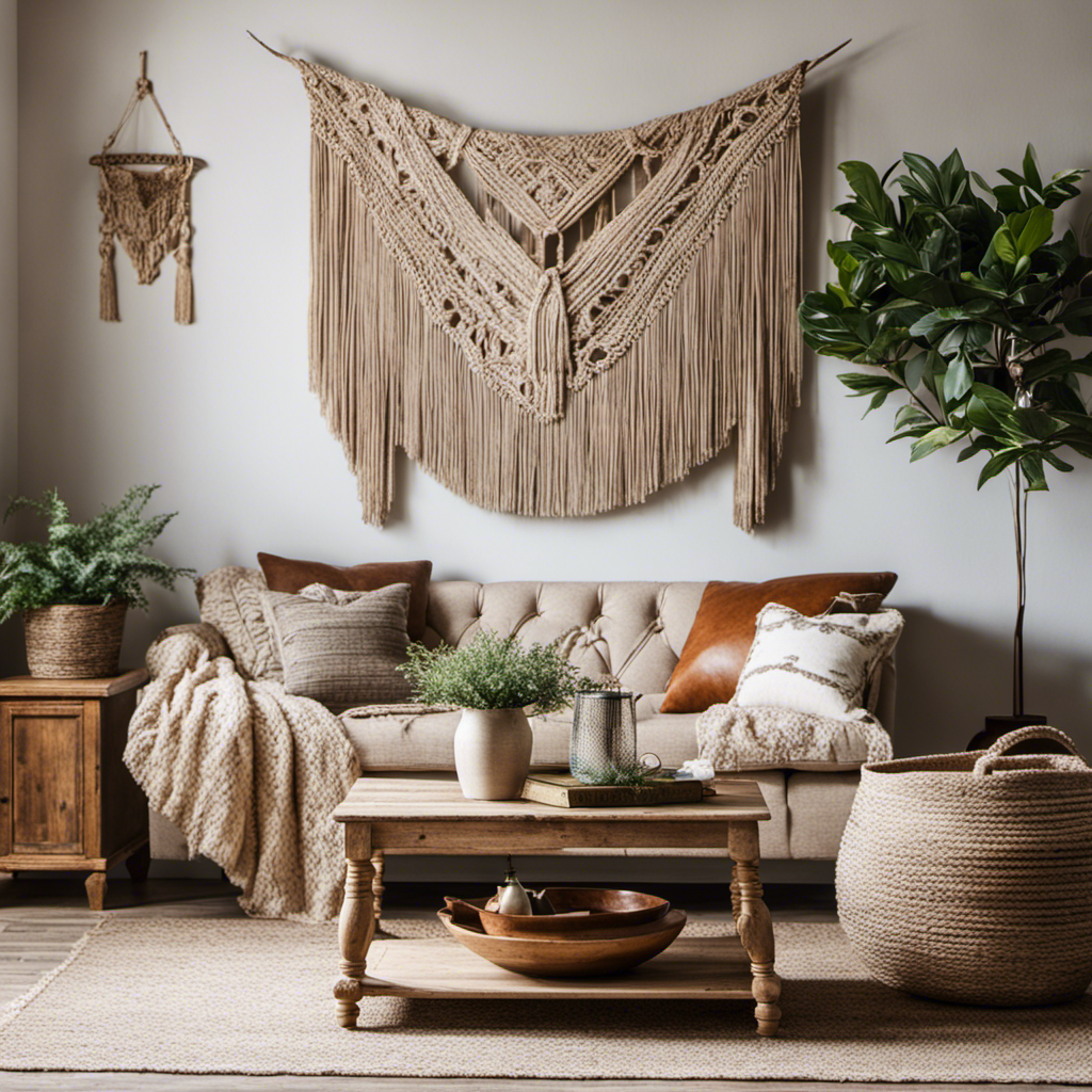 An image showcasing a cozy living room with a rustic farmhouse vibe, featuring a distressed wooden coffee table adorned with vintage books, a plush neutral-colored sofa, and a woven macrame wall hanging