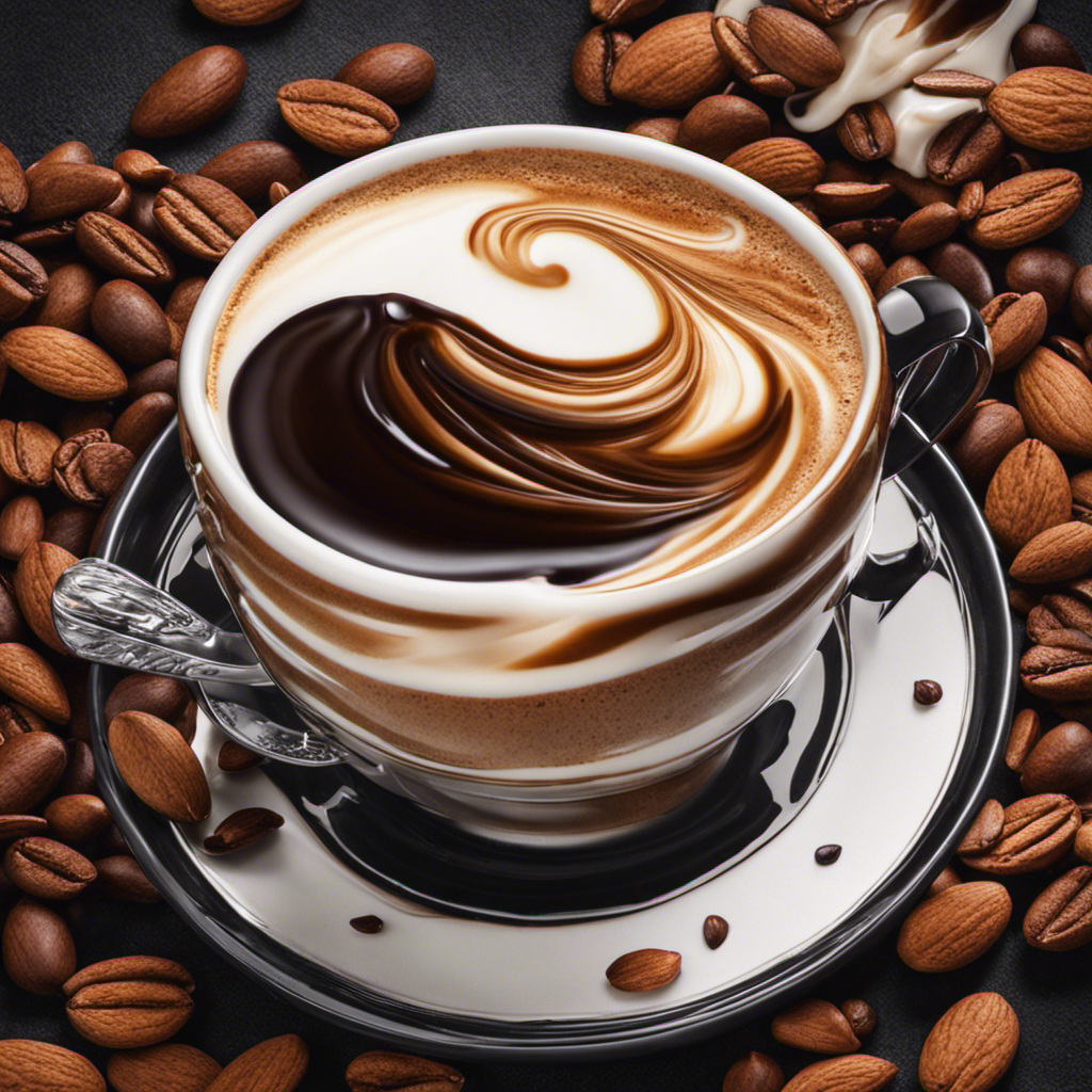 An image showcasing a steaming cup of coffee with a swirl of creamy, frothy almond milk, pouring gently into the dark liquid