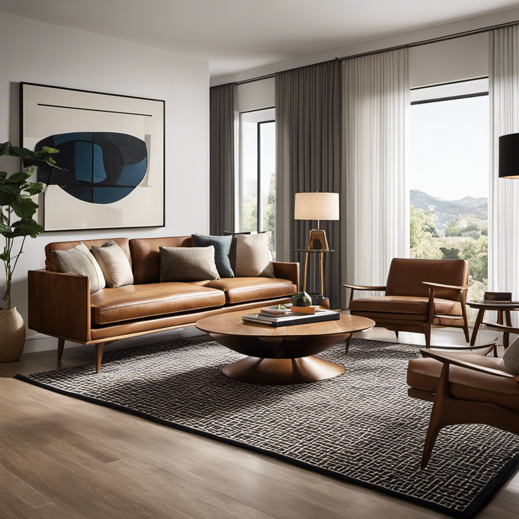 An image showcasing a sleek living room with clean lines, warm wood furniture, and iconic mid-century design elements such as a low-profile sofa, tapered legs, and a bold geometric rug