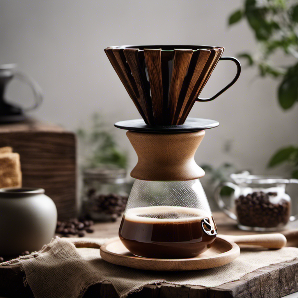 An image showcasing a rustic, wooden coffee dripper placed over a vintage, ceramic mug