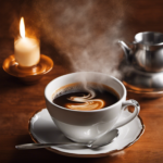 An image depicting a cup of coffee with a steaming swirl, beside it, a spoonful of white sugar substitute dissolving into the brew
