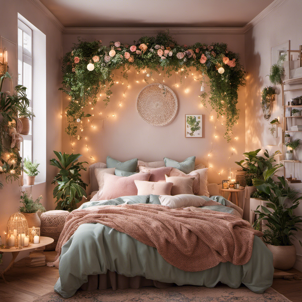An image showcasing a meticulously arranged bedroom, where soft pastel hues blend harmoniously with plush textures and delicate floral patterns