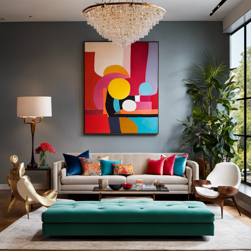 An image capturing a room adorned with unexpected juxtapositions: a vibrant, abstract painting hangs above a sleek, minimalist sofa, while an eccentric chandelier illuminates a collection of quirky sculptures and avant-garde furniture
