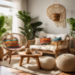 An image showcasing a sunlit living room with a low wooden coffee table adorned with vibrant patterned pillows, a rattan armchair draped with a crochet throw, and a hanging macramé plant holder