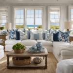 An image showcasing a serene coastal living room, adorned with light-colored slipcovered furniture, nautical accents like seashell-filled glass jars, a weathered wood coffee table, and large windows with billowing white curtains offering a captivating view of the ocean