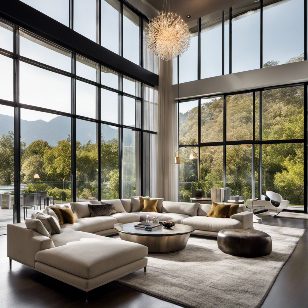 An image showcasing a sleek, open-concept living room with floor-to-ceiling windows, flooded with natural light