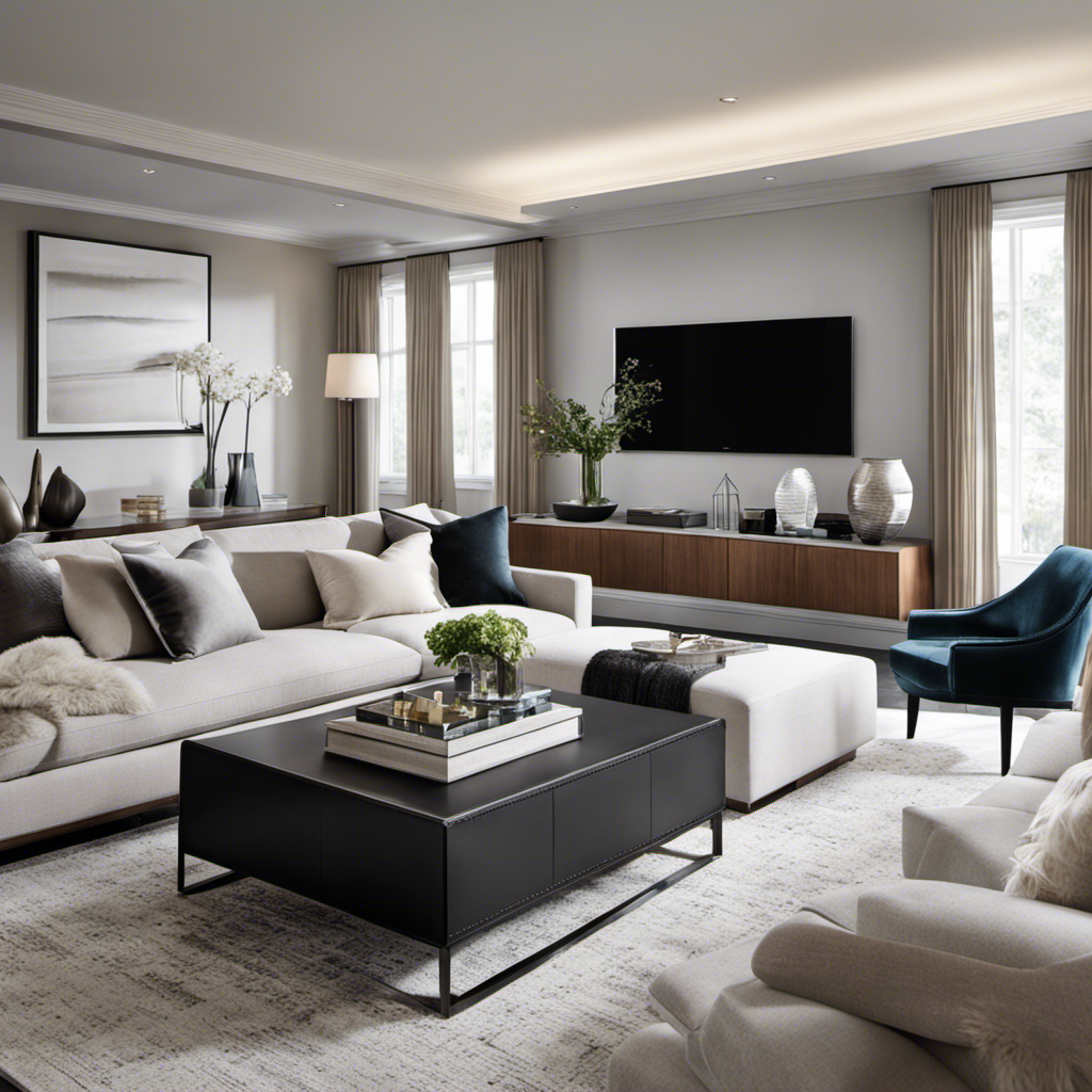 An image showcasing a sleek, open-concept living room with clean lines, minimalist furniture, and a neutral color palette
