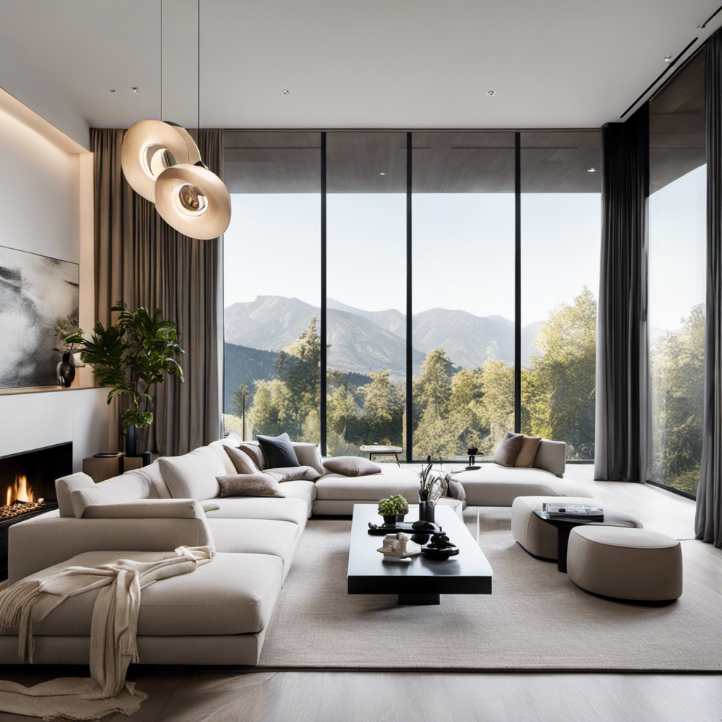 An image showcasing a minimalist living room with clean lines, neutral color palette, and sleek furniture