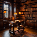 An image showcasing a dimly lit study adorned with antique oak bookshelves, leather-bound tomes, flickering candles casting an ethereal glow, a worn Persian rug, and classical art adorning the walls