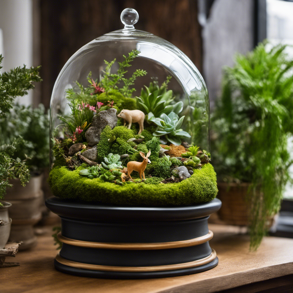 An image showcasing a whimsical terrarium filled with lush greenery, delicate mosses, and miniature ceramic animal figurines, all meticulously arranged to bring life and vibrancy to any space