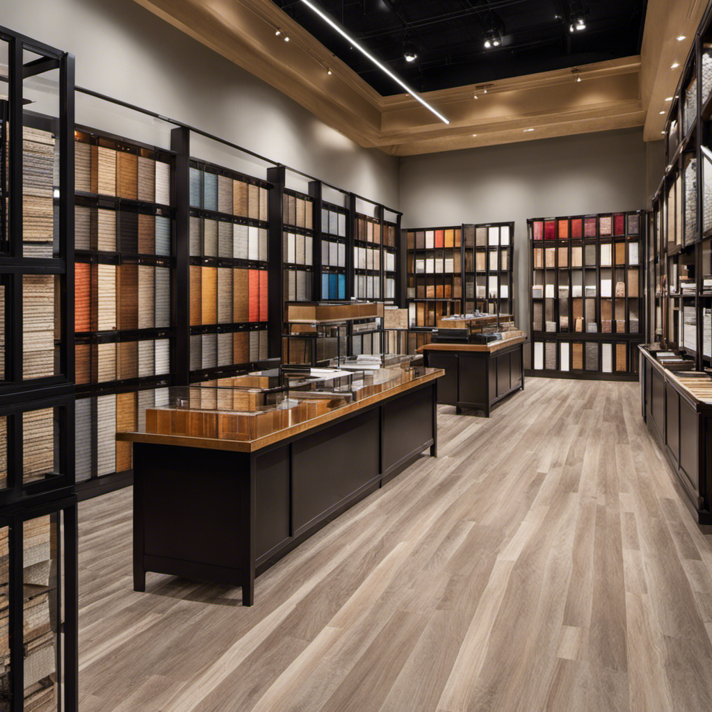 An image showcasing a spacious and vibrant showroom filled with a vast selection of high-quality flooring materials, stylish tiles, decorative accents, and knowledgeable staff assisting customers at Floor and Decor