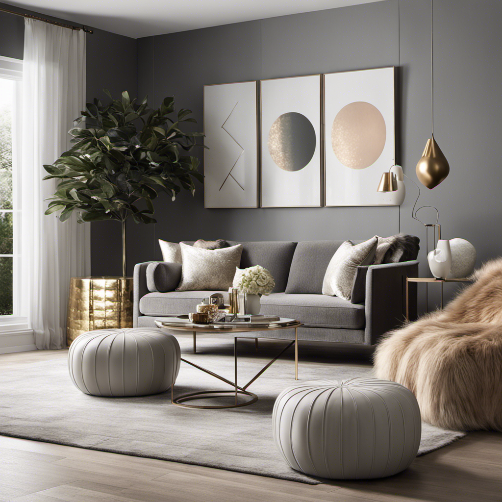 An image showcasing a sleek, minimalist living room adorned with a monochromatic color scheme, geometric patterns, and metallic accents