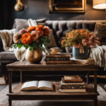 An image capturing a cozy living room, adorned with plush, earth-toned throw pillows arranged neatly on a luxurious velvet couch, complemented by a rustic wooden coffee table topped with fresh flowers and a stack of vintage books
