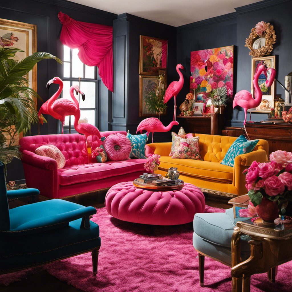 An image that showcases a vibrant, cluttered living room adorned with an assortment of gaudy, retro-inspired decorative objects, including plastic flamingos, velvet Elvis paintings, and tacky ceramic figurines