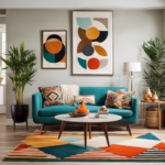An image showcasing an airy, mid-century modern living room adorned with sleek, tapered furniture, vibrant geometric patterns, bold pops of color, and organic textures like teak wood and shag rugs
