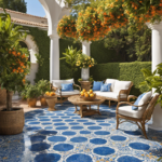 An image showcasing a sun-drenched patio with vibrant blue and white mosaic tiles, surrounded by potted citrus trees and lush Mediterranean plants, evoking the essence of Mediterrànean decor