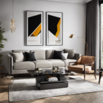 An image showcasing a minimalist living room adorned with sleek furniture, vibrant geometric patterns, and contemporary artwork; an embodiment of MFH Decor's fusion of modern aesthetics and functional design