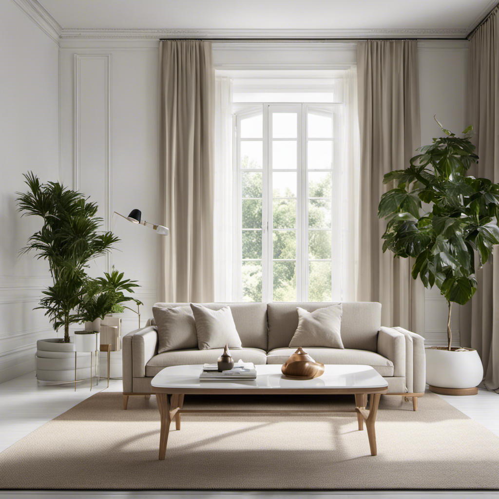 An image showcasing a serene living room with clean lines, neutral colors, and uncluttered surfaces