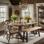 An image that showcases the essence of modern farmhouse decor: a rustic wooden dining table adorned with a bouquet of wildflowers, surrounded by mismatched vintage chairs and bathed in warm natural light streaming through a window