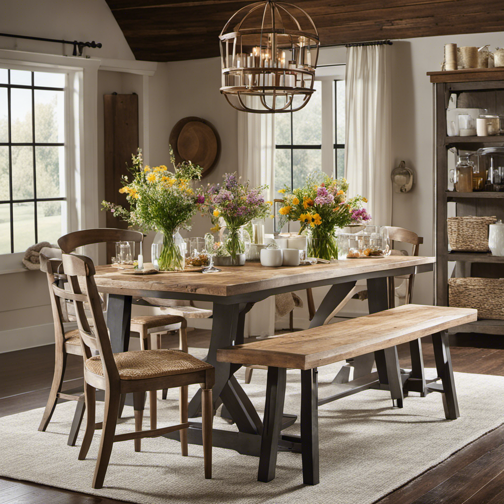 An image that showcases the essence of modern farmhouse decor: a rustic wooden dining table adorned with a bouquet of wildflowers, surrounded by mismatched vintage chairs and bathed in warm natural light streaming through a window