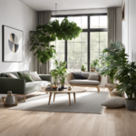 An image showcasing a sun-drenched living room with a minimalistic Scandinavian design