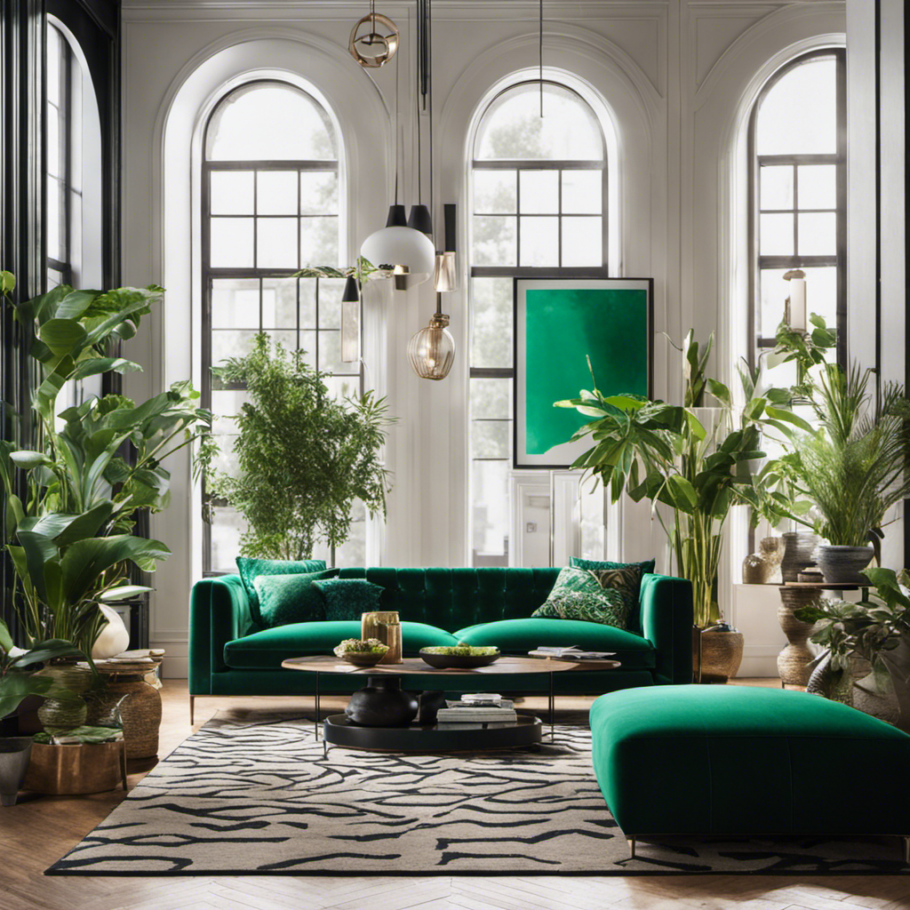 An image showcasing a vibrant living room with a sleek contemporary sofa, adorned with plush emerald green pillows, complemented by a geometric patterned rug, and an artful display of hanging plants