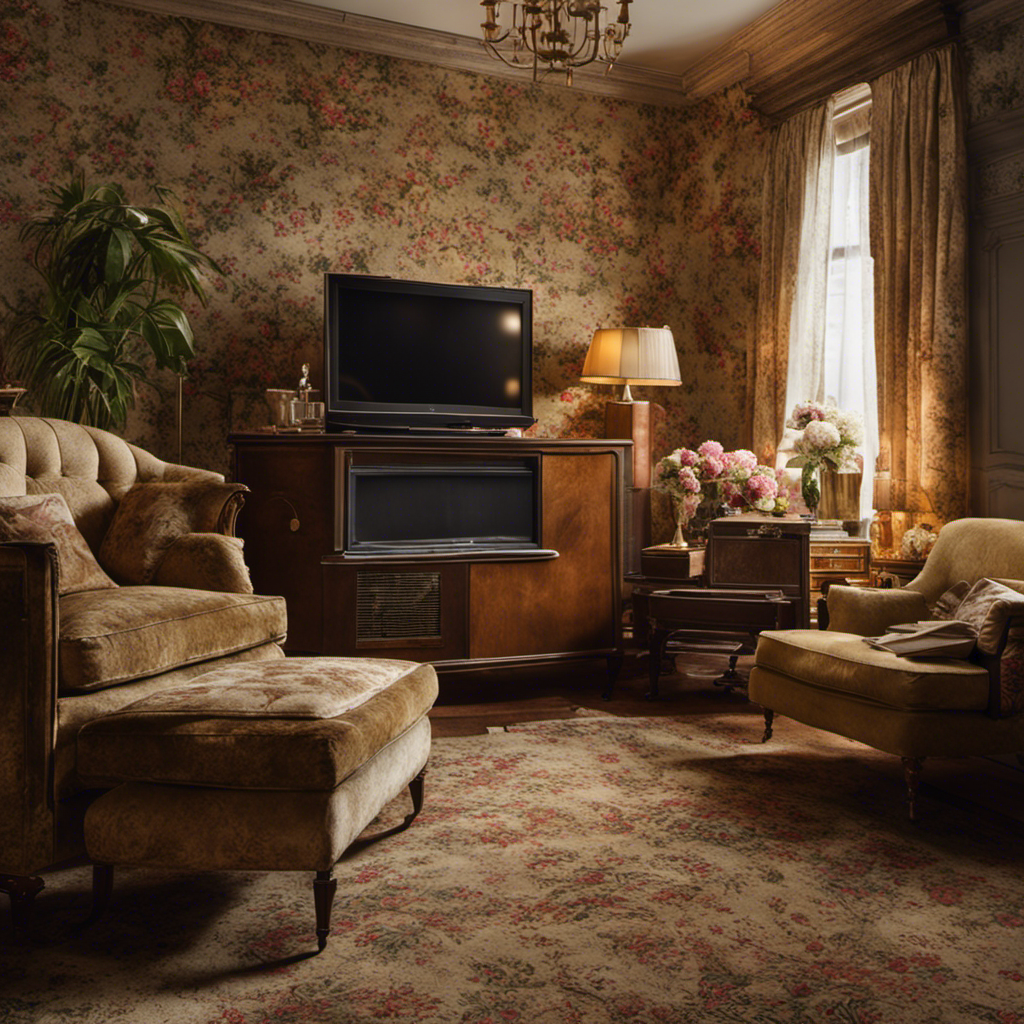 An image showcasing a cluttered living room with faded floral wallpaper, worn-out shag carpet, and a bulky tube television, vividly highlighting the essence of outdated decor