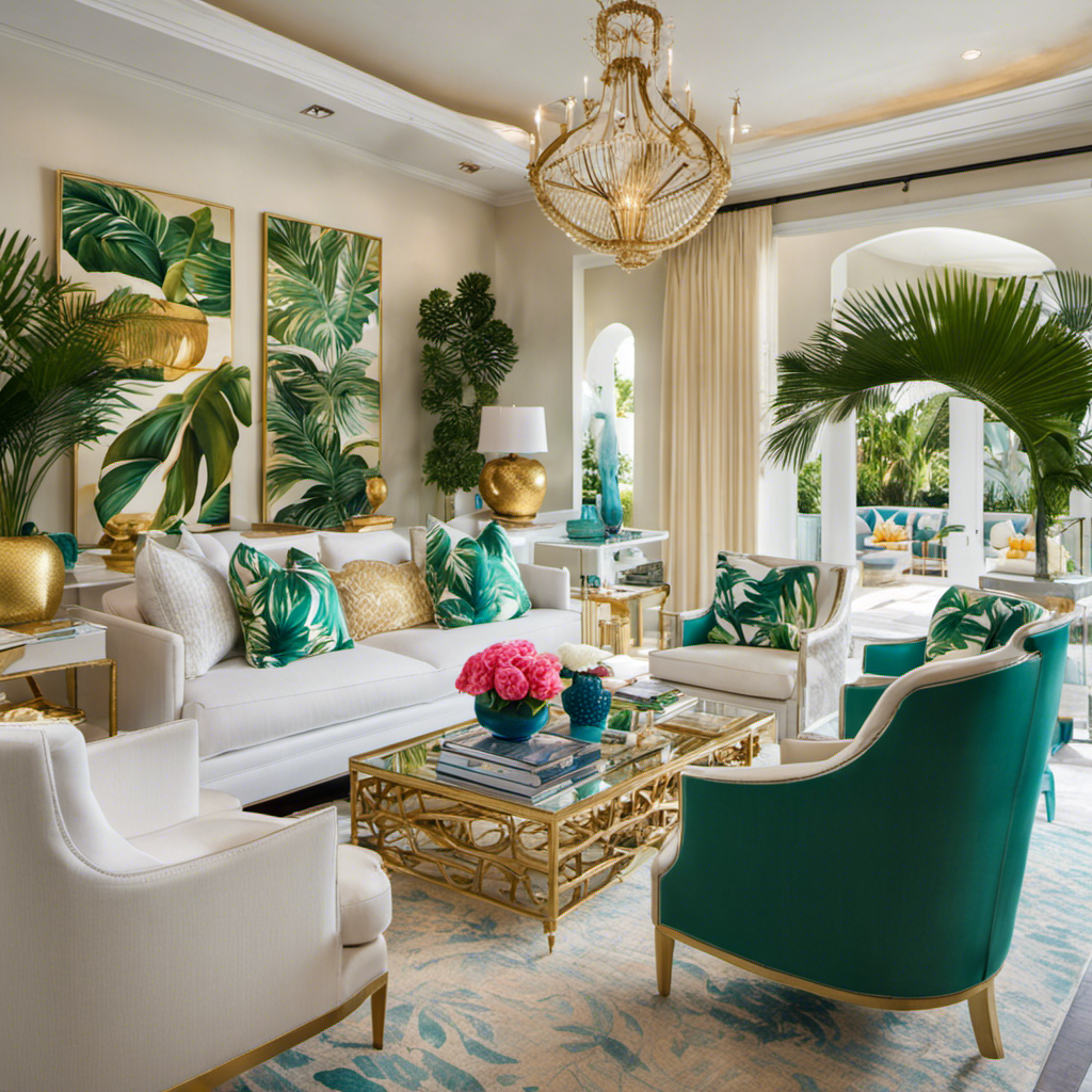 An image showcasing a luxurious Palm Beach-style living room, featuring vibrant pops of tropical colors, crisp white furnishings, elegant palm leaf prints, and tasteful gold accents, exuding an effortlessly chic and glamorous ambiance