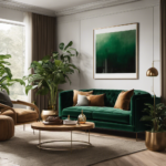 An image showcasing a cozy living room with a minimalist design aesthetic, featuring a sleek velvet couch in a rich emerald green, complemented by warm earth tones, natural textures, and tastefully placed potted plants