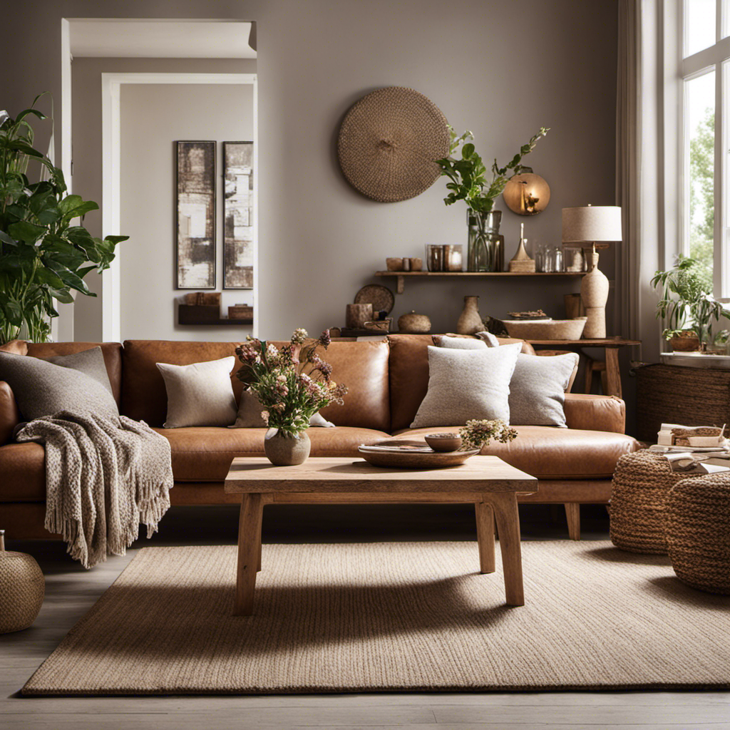 An image that showcases a cozy living room with earthy tones and natural materials, featuring a plush sofa adorned with patterned cushions, a rustic wooden coffee table adorned with a vase of fresh flowers, and soft ambient lighting from a floor lamp