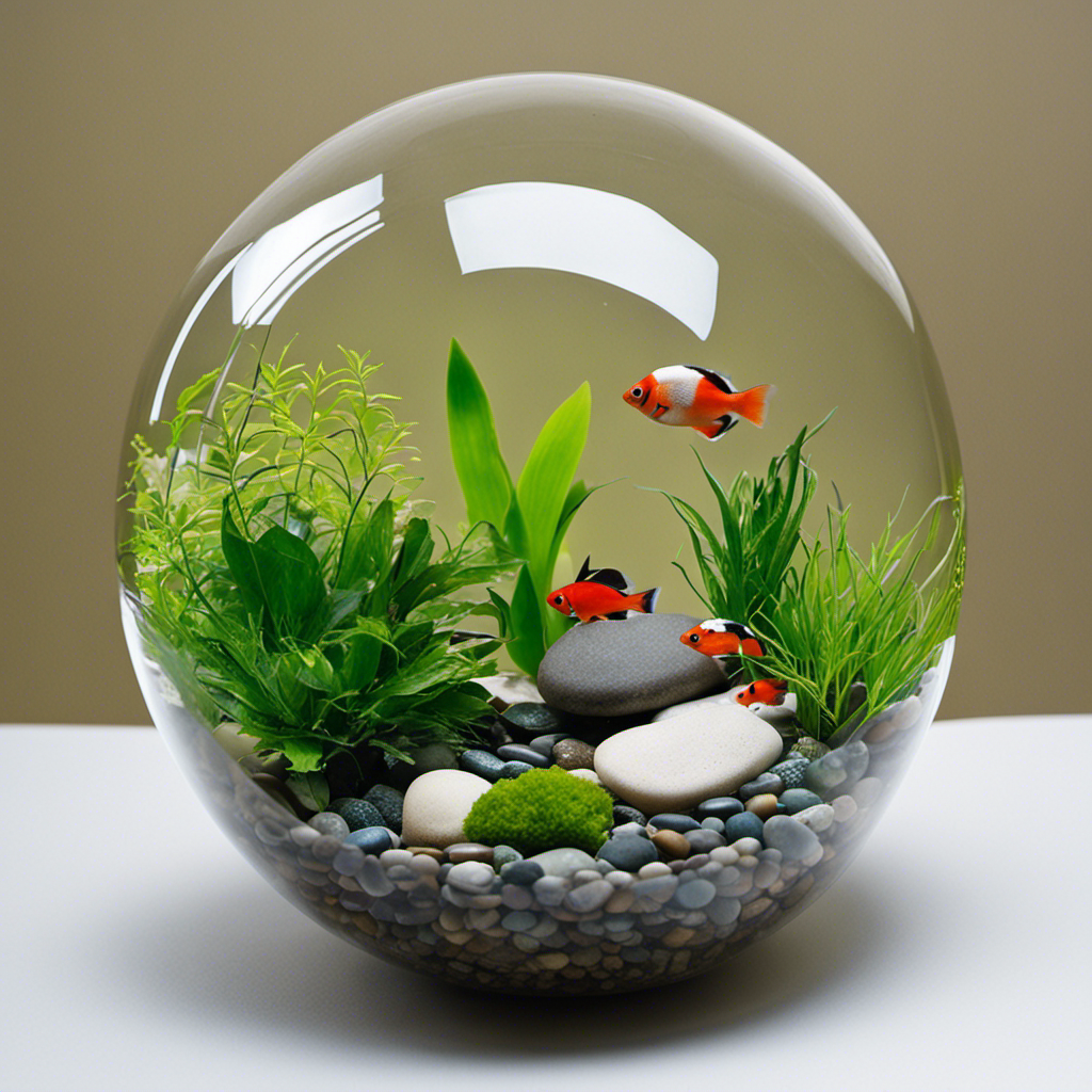 An image showcasing a diverse array of aquarium-safe objects like smooth stones, ceramic plant weights, and lead-free glass baubles