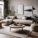 An image showcasing a minimalist living room with clean lines, neutral color palette, and natural materials