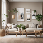 An image showcasing a serene living room with clean lines, minimal furniture, and warm neutral tones