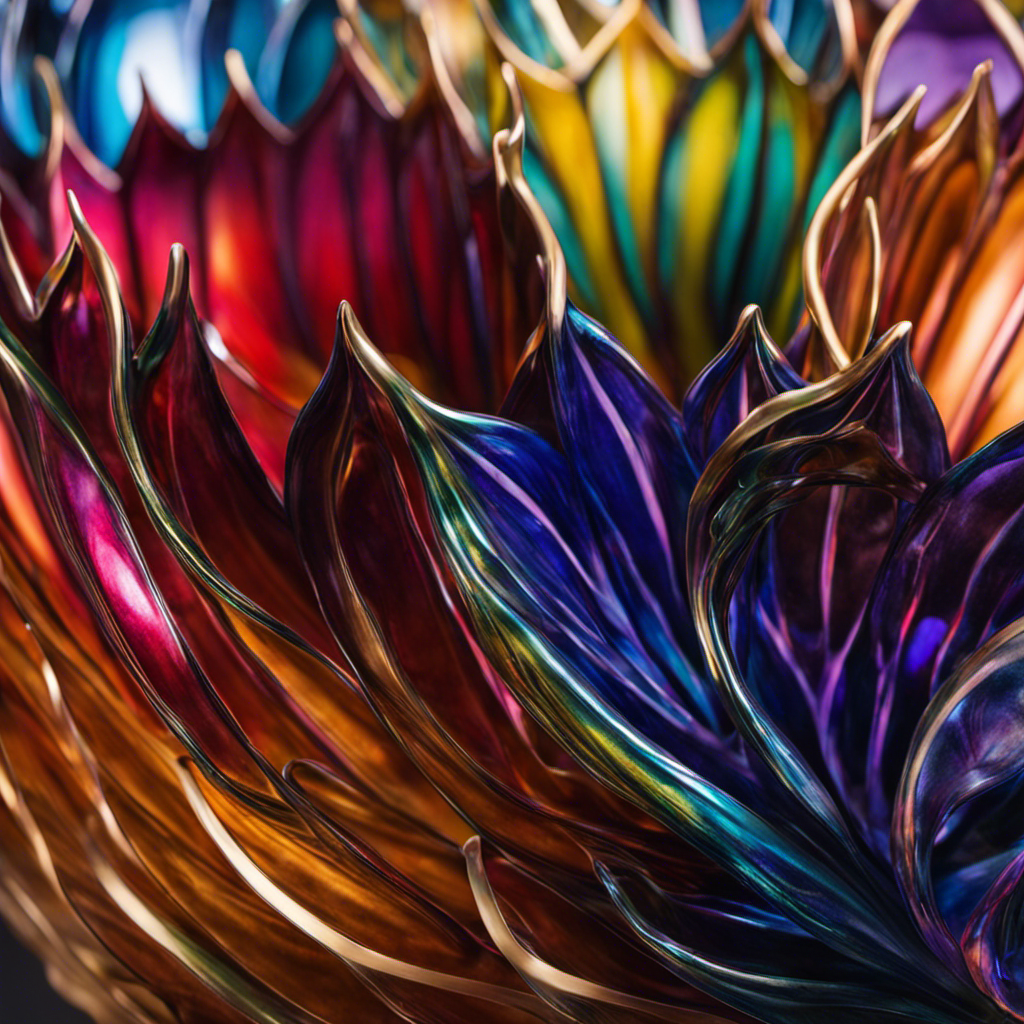 An image showcasing an exquisite glass vase from the Kralik Decor Shift of Loetz Diana, featuring vibrant iridescent colors, intricate undulating patterns, and delicate tendrils gracefully flowing across its surface