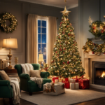 An image showcasing a cozy living room adorned with a lush, intricately decorated Christmas tree, shimmering with an assortment of metallic ornaments, twinkling lights, and a gleaming star atop