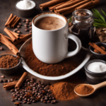 An image showcasing a steaming cup of freshly brewed coffee being poured into a mixing bowl filled with flour, cocoa powder, and sugar, surrounded by a variety of aromatic spices like cinnamon and nutmeg