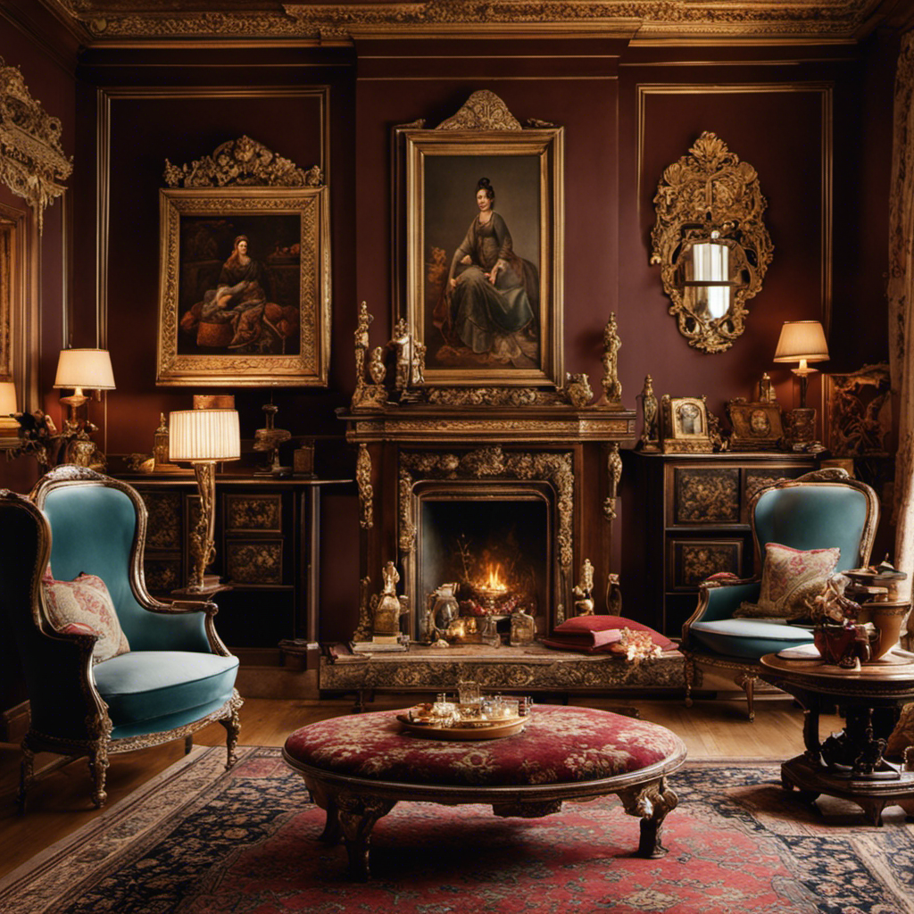An image capturing the essence of traditional home decor: a cozy living room adorned with ornate wooden furniture, plush velvet upholstery, a Persian rug, and delicate porcelain figurines gracing a mantelpiece adorned with antique picture frames