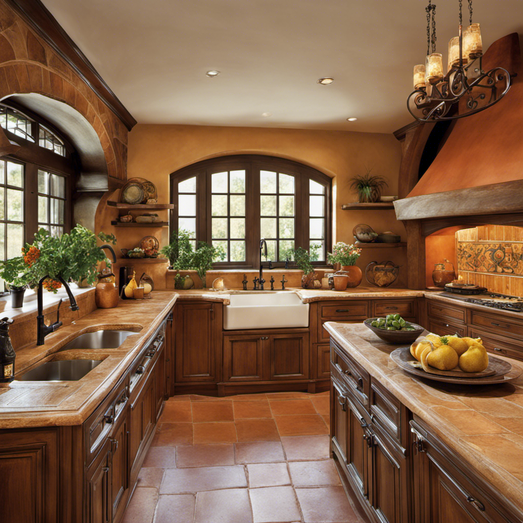An image capturing the essence of Tuscan decor: a rustic, sun-kissed kitchen with terracotta tiles, arched stone walls, wrought iron accents, and a farmhouse sink adorned with vibrant, hand-painted ceramic tiles