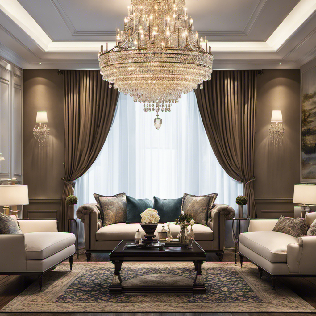 An image showcasing a beautifully arranged living room with tastefully selected Y Decor - from the elegant chandelier illuminating the space, to the stylish furniture and intricate wall art, let the visuals speak volumes about this renowned brand