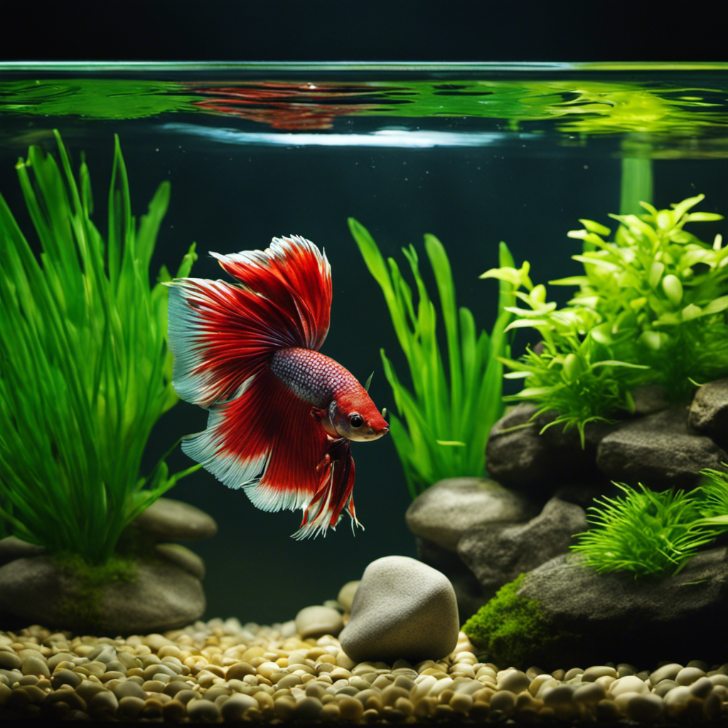 An image showing a vibrant underwater scene with lush green aquatic plants, smooth river rocks, and a delicate floating flower, all complemented by soft, diffused lighting, to convey the perfect decor for a betta fish
