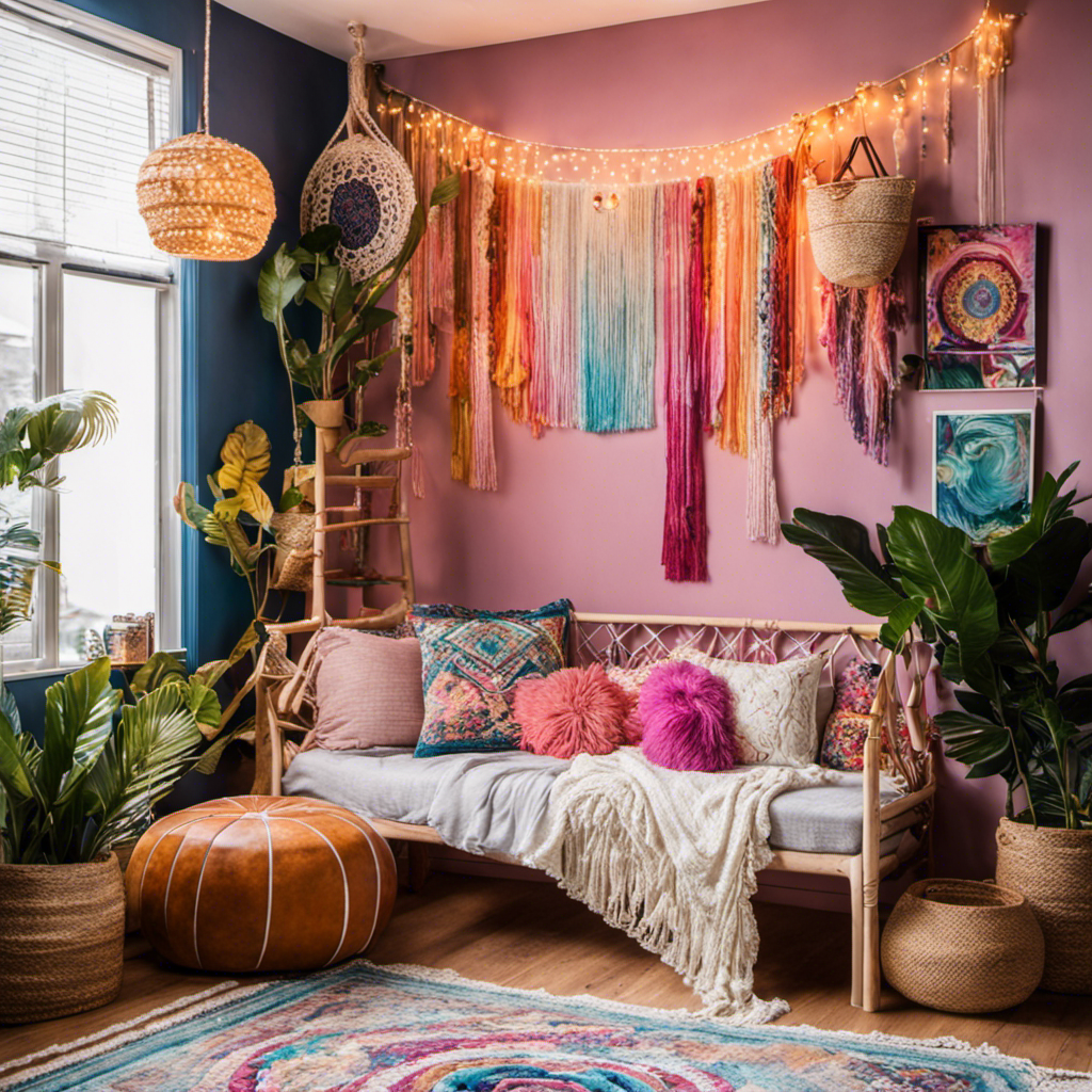 An image showcasing a vibrant, bohemian-themed teenage girl's room